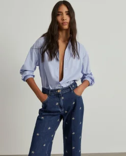 Calças denim wide leg com bordados|LION OF PORCHES Best Sale
