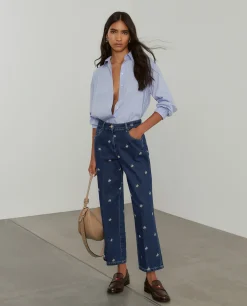 Calças denim wide leg com bordados|LION OF PORCHES Best Sale