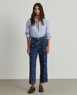 Calças denim wide leg com bordados|LION OF PORCHES Best Sale