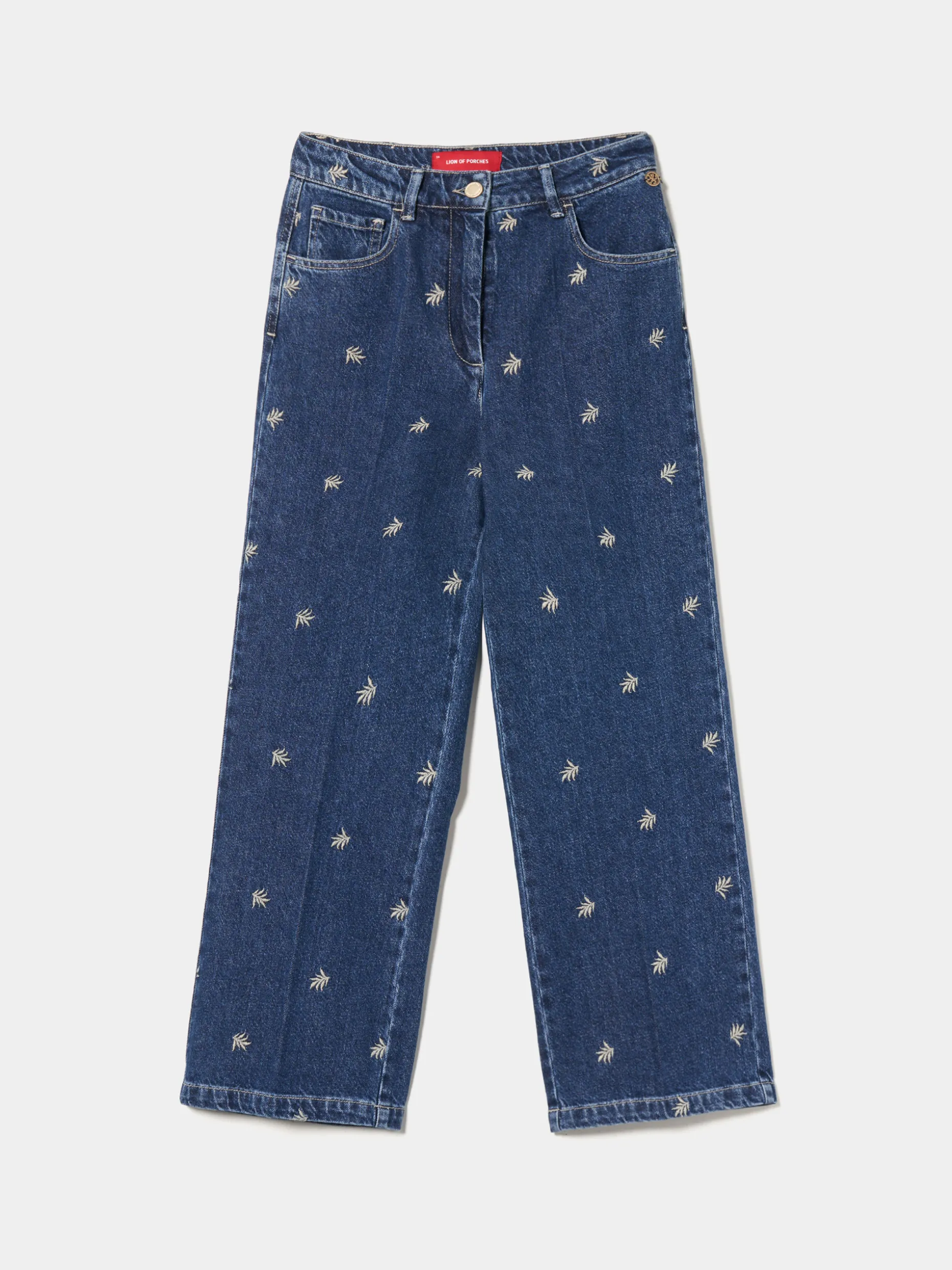 Calças denim wide leg com bordados|LION OF PORCHES Best Sale