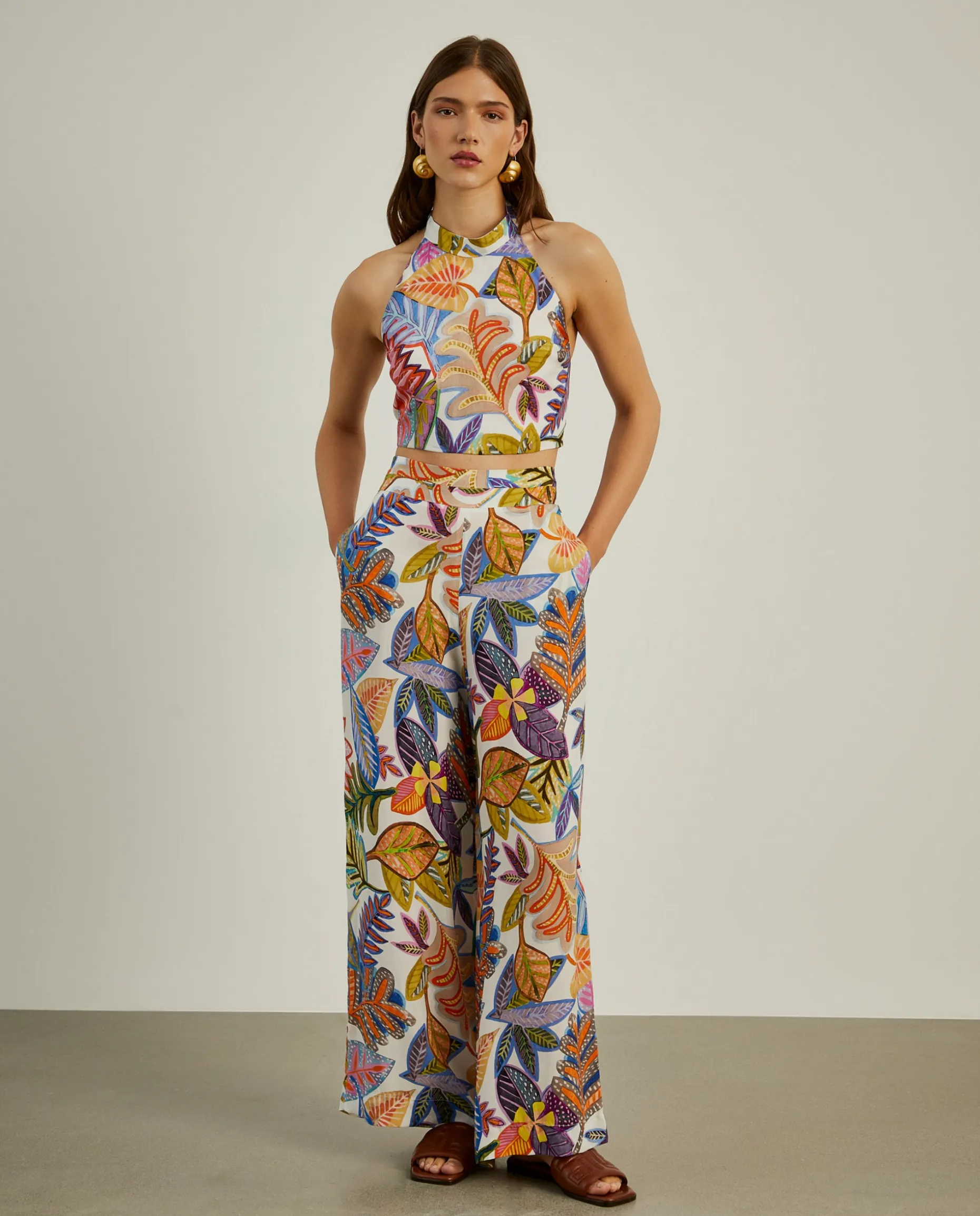 Calças pantalona com padrão colorido|LION OF PORCHES Fashion