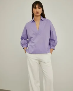 Camisa mangas abalonadas com decote em V|LION OF PORCHES Outlet