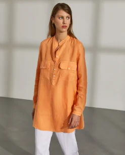 Camisa para mulher comprida em linho com colarinho mandarim|LION OF PORCHES Outlet