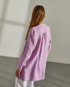 Camisa para mulher comprida em linho com colarinho mandarim|LION OF PORCHES Flash Sale