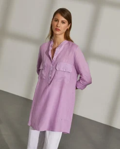 Camisa para mulher comprida em linho com colarinho mandarim|LION OF PORCHES Flash Sale