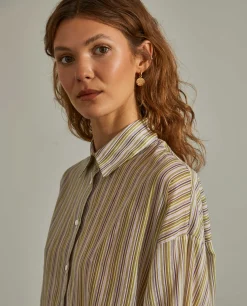 Camisa para mulher de algodão comprida com padrão de riscas|LION OF PORCHES Cheap