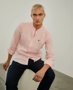 Camisa slim fit em linho com gola mandarim|LION OF PORCHES Cheap
