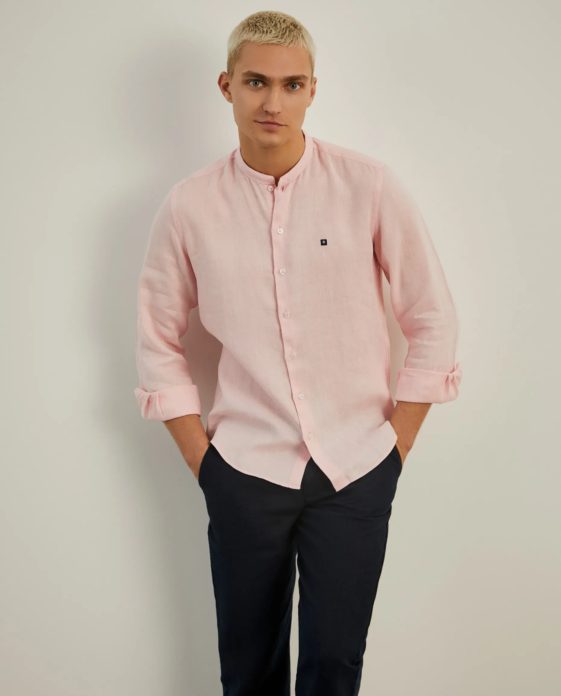 Camisa slim fit em linho com gola mandarim|LION OF PORCHES Cheap