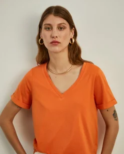 T-shirt de algodão decote em V|LION OF PORCHES Flash Sale