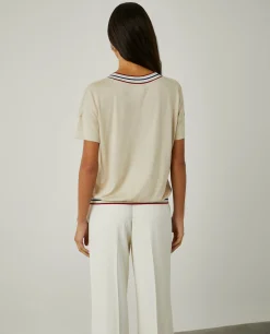 T-shirt decote em V com riscas|LION OF PORCHES Fashion