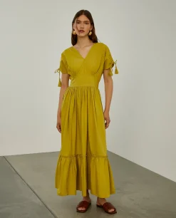 Vestido comprido com folhos e alças ajustáveis|LION OF PORCHES New