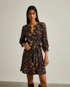 Vestido curto de flores com cinto|LION OF PORCHES Clearance