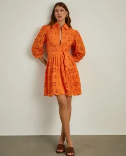 Vestido curto em bordado inglês e mangas abalonadas|LION OF PORCHES Clearance