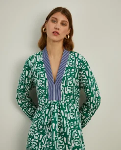 Vestido de linho e algodão com estampado abstrato|LION OF PORCHES Shop