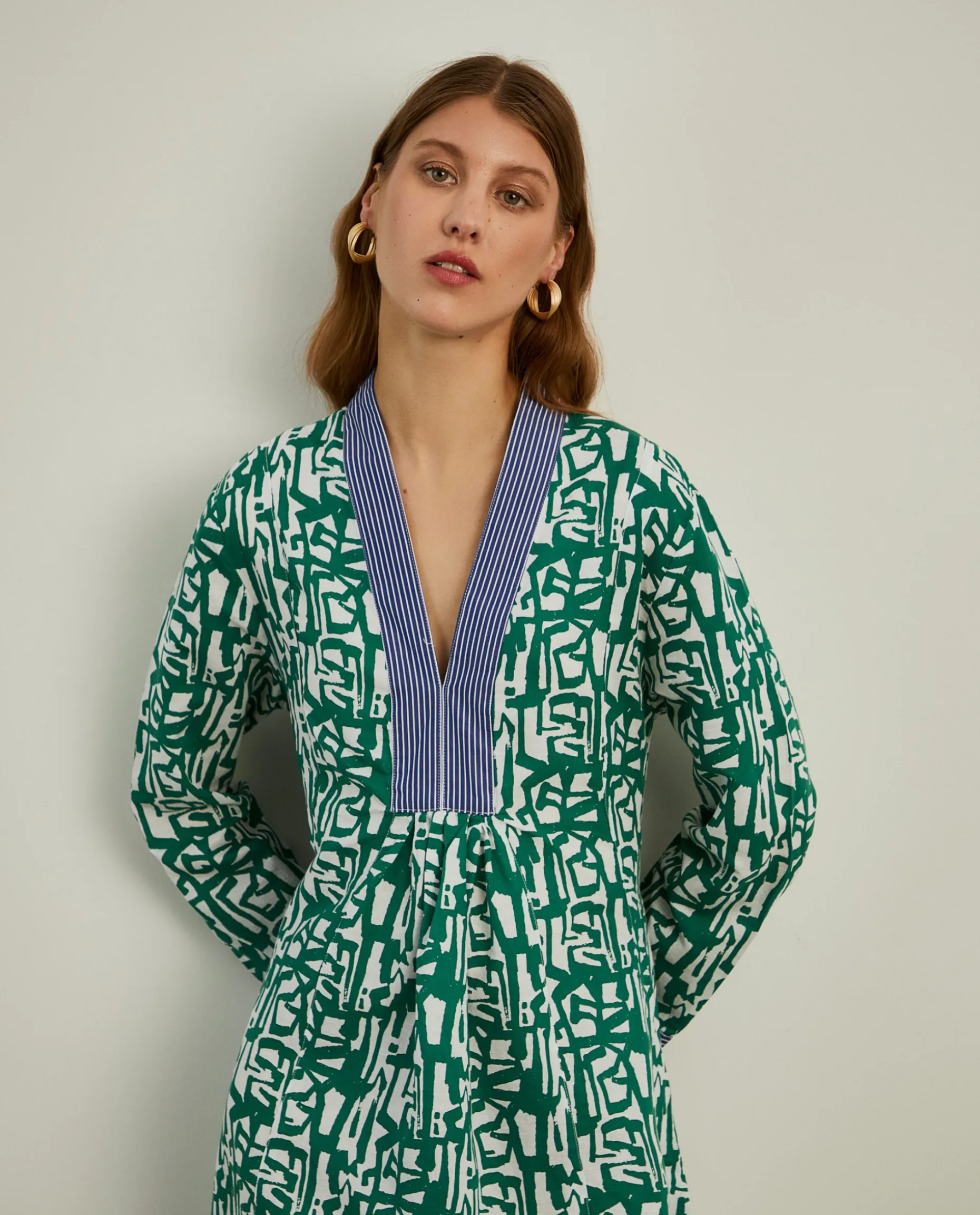 Vestido de linho e algodão com estampado abstrato|LION OF PORCHES Shop